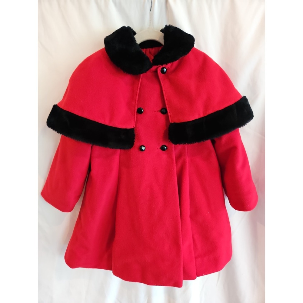 Cute Togs Girls 4T Red Dress Coat Cape Black Faux Fur Trim Holiday Christma